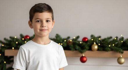 A young boy stands in front of a festive Christmas garland with lights and ornaments.