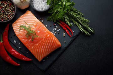 a whole raw salmon fillet on a dark background with spices and vegetables, top view. fishing products for cooking or menu design concept.
