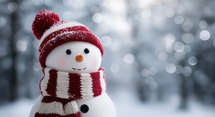 photo of a smiling snowman wearing a red and white striped scarf and hat