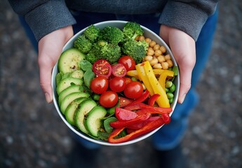 top view of a woman's hands holding a colorful, fresh, and healthy food bowl with avocado, cherry tomatoes, broccoli, and chickpeas on a grey background.