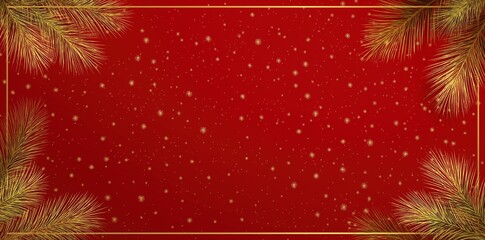 christmas red background with golden glittering stars and pine branches frame. new year, christmas illustration banner design. 