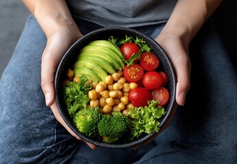 top view of a woman's hands holding a colorful, fresh, and healthy food bowl with avocado, cherry tomatoes, broccoli, and chickpeas on a grey background.