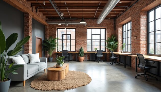 Spacious open loft office with brick walls, large windows, and wooden beams. Modern workspace includes desks, chairs, and comfortable seating area with potted plants.