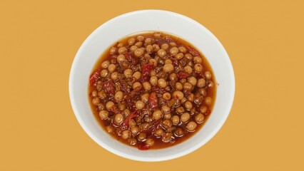 A bowl of chickpea stew with vegetables on a mustard background.