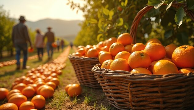 Farmers pick oranges in sunlit orchard. Oranges fill wicker baskets on ground. People walk along rows of trees with green leaves, mountains in background. Fresh oranges harvested for fruit farm.