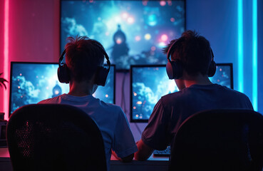 Naklejka premium Two young friends play modern video games late at night. Gamers wear headphones, focused intensely on multiple glowing computer monitors in dark room with colorful neon lights. Enjoy online