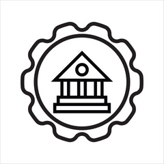 Icon of a bank or government building, with a classic columned facade, surrounded by a serrated badge or shining star, symbolizing finance, law, or trust. 
