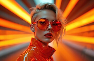 Stylish woman stands in neon light in futuristic outfit. Model poses with shiny jacket, red sunglasses. Glamour face art make-up in front of colorful lines background radiates. Evening club style.