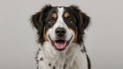 A happy dog with a friendly expression, black and white fur, and brown eyes.