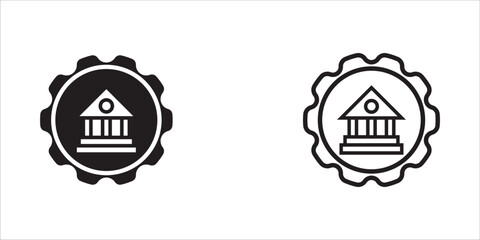 A collection of bank or court building icons, displayed in a solid black style with borders, shaped like decorative gears or badges, symbols of government, law, or finance.