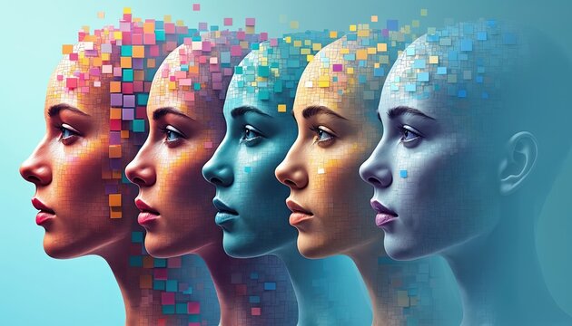Digital mosaic faces show varied human traits. Individuals distinct, forming spectrum of personalities, emotional states. Diverse identities represented by pixelated patterns. Unique people with