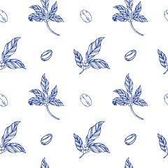 Seamless vector pattern with coffee plant branches, leaves, flowers, and berries in elegant toile de jouy style. Perfect for wallpaper, fabric, wrapping paper, coffee shop decor, and packaging design.