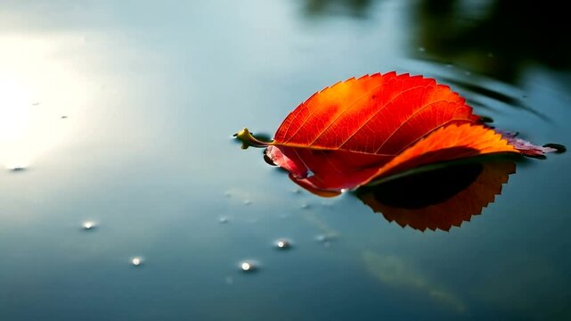 Vibrant Red Autumn Leaf Floating on Calm Water with Ripples.