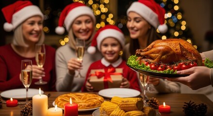 Happy Family Wearing Santa Hats Toasting Champagne Glasses at Christmas or Thanksgiving Dinner Table with Roasted Turkey, Food, and Bokeh Lights