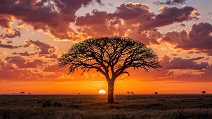 Fototapeta premium A solitary tree silhouetted against a vibrant sunset with orange and purple clouds.
