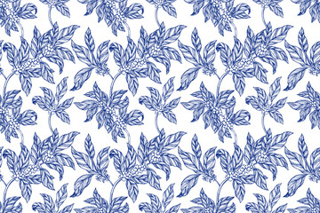 Seamless vector pattern with coffee plant branches, leaves, flowers, and berries in elegant toile de jouy style. Perfect for wallpaper, fabric, wrapping paper, coffee shop decor, and packaging design.