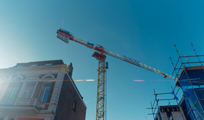 Construction tower crane against blue sky with prominent lens flare and scaffolding (this image was...
