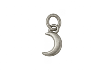 Silver crescent moon charm hanging on transparent background