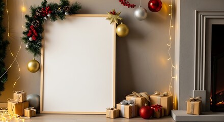 A blank frame sits on a mantelpiece adorned with festive Christmas decorations and gifts.