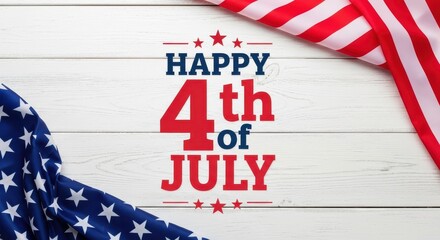 Happy 4th of July Banner with American Flag on a Rustic White Wooden Background, USA Independence Day Greeting Card