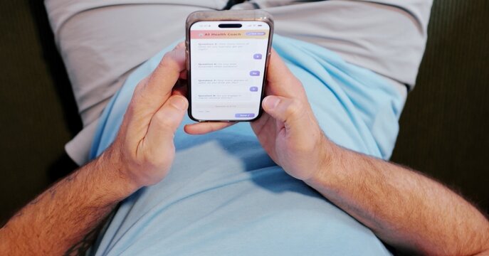 Middle Aged Man Uses Artificial Intelligence Health Coach Bot to Save Money on Health Insurance - AI Health and Wellness Concept