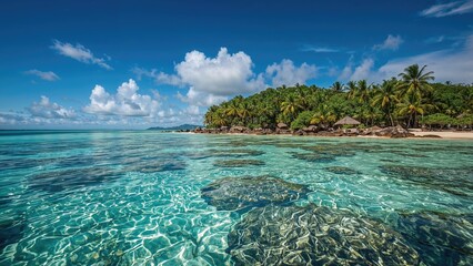 Tropical beach with clear turquoise water, palm trees, sunny sky, and lush green landscape. Stunning seaside scenery and relaxing island environment.