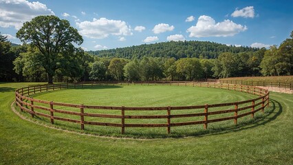 A circular fenced pasture with lush green grass, surrounded by trees and rolling hills under a partly cloudy blue sky.