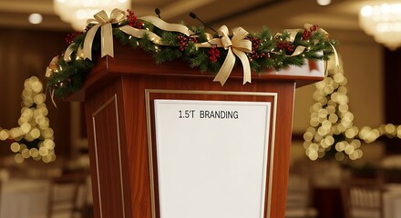 A decorated podium stands ready for a presentation during a festive holiday event.