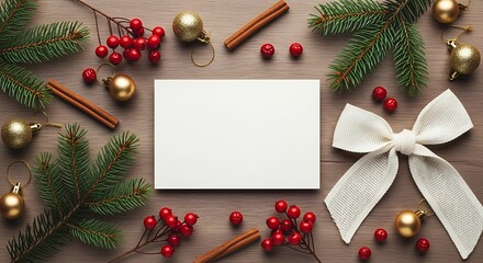 A festive Christmas flat lay includes evergreen branches, red berries, golden ornaments, cinnamon sticks, and a white ribbon with a blank card.