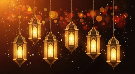 Ramadan Kareem or Diwali Festival Background with Hanging Ornamental Arabic or Indian Lanterns, Golden Bokeh Lights, and Sparkling Dust