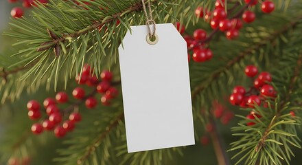 A blank tag hangs from a pine branch adorned with festive red berries, ready for a holiday message.