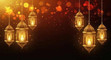 Ramadan Kareem or Diwali Festival Background with Hanging Ornamental Arabic or Indian Lanterns, Golden Bokeh Lights, and Sparkling Dust