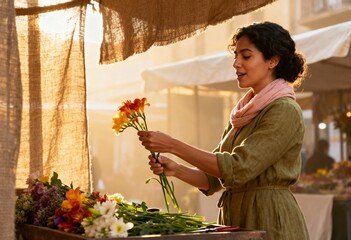 A female florist arranges a fresh bouquet of flowers at an outdoor market stall. Small business owner working with colorful freesia during golden hour sunlight