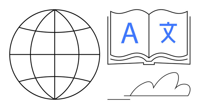 Globe outline beside an open book with multilingual characters, suggesting communication, education, and globalization. Ideal for language learning, translation, international studies, education