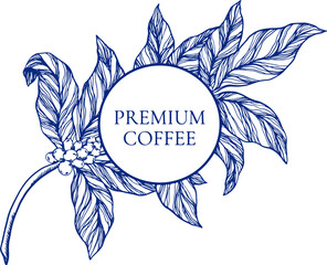Elegant vector frame coffee plant branches, leaves, flowers, and berries in classic toile de jouy style. Perfect template for coffee packaging, label, branding, cafe menu, and premium product design.