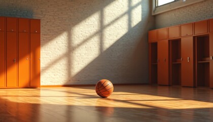 Basketball rests on polished wood floor in empty locker room gym. Sunlight casts geometric shadows on brick wall. Orange lockers line the space, suggesting anticipation for game or practice.