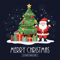Cozy Watercolor Santa and Tree Illustration with Gifts, Wishing a Merry Christmas and Happy New Year