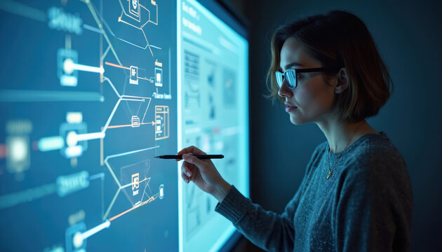 Young woman professor explains big data research project on large screen. Points at neural network model, showing artificial intelligence concepts in dark room. Student learns computer science tech - Powered by Adobe