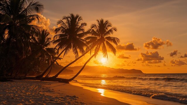 Tropical beach at sunset with palm trees and waves, warm colors, and a distant mountain range.