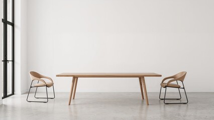 Minimalist interior with a wooden table and two chairs, emphasizing simplicity and modern design.