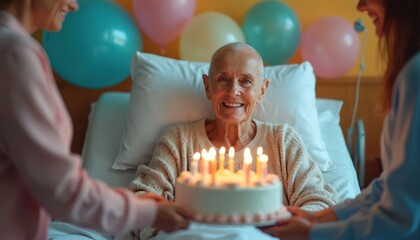 Elderly woman in hospital bed smiles holding birthday cake with lit candles. Friends bring cake, balloons float above in cheerful room. Special celebration shows hope, love, and strong family support.