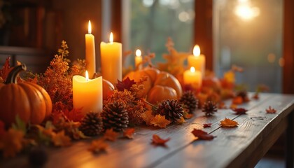 Rustic wooden table decor for autumn holiday. Lit candles, orange pumpkins, dry leaves, pine cones create warm festive atmosphere. Cozy setting perfect for Thanksgiving celebration, family dinner.