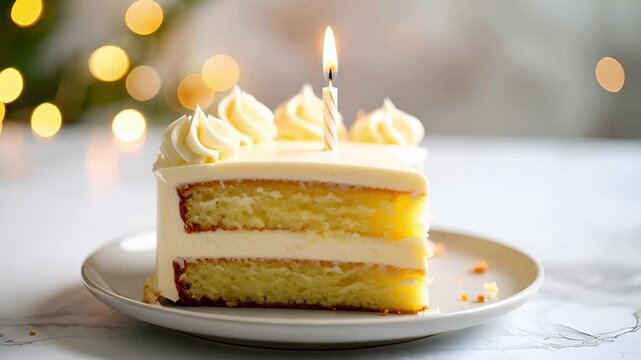 A slice of layered vanilla birthday cake topped with cream frosting and a lit candle, set against a background of warm bokeh lights. Symbolizes celebration and sweet wishes.