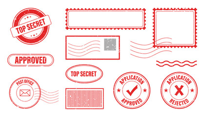 Collection of red grunge rubber stamps for various purposes, including approved, rejected, and top secret, vector illustration