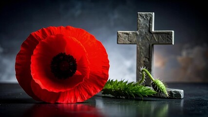 A vibrant red poppy lies beside a stone cross inscribed with "VETERANS," symbolizing remembrance, military sacrifice, and honor for fallen soldiers. Somber and respectful tribute.