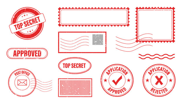Collection of red grunge rubber stamps for various purposes, including approved, rejected, and top secret, vector illustration