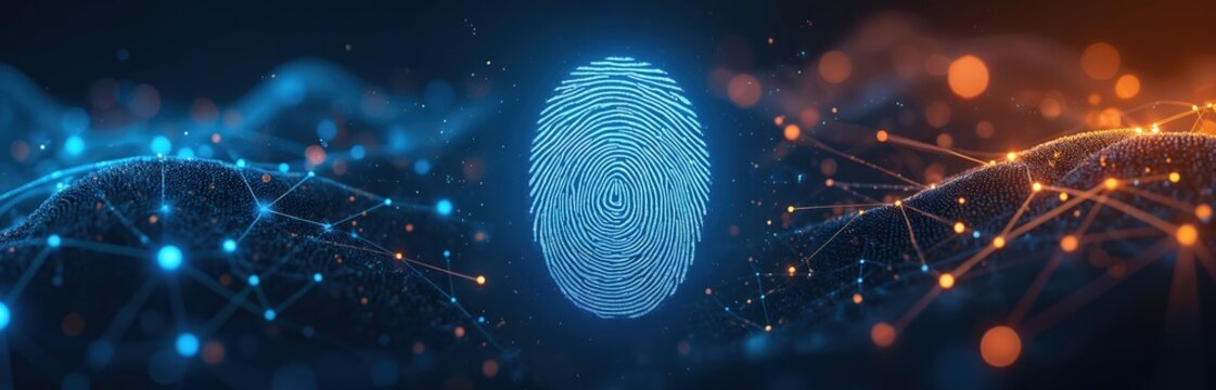 Glowing fingerprint identification. Digital tech background with biometric authentication, personal data privacy. Cybersecurity concept includes network connection, dots with blue, orange data - Powered by Adobe
