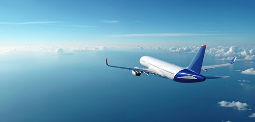 White passenger jet flies over blue ocean water under sky with clouds. Airplane travels high above sea on sunny day. Modern airliner cruises in clear atmosphere.