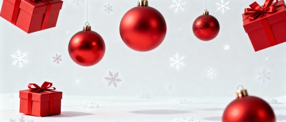 Floating red Christmas ornaments and gift boxes on a white background. Festive holiday season banner with falling snowflakes. Winter celebration concept with copy space for text