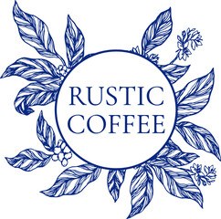 Elegant vector frame coffee plant branches, leaves, flowers, and berries in classic toile de jouy style. Perfect template for coffee packaging, label, branding, cafe menu, and premium product design.